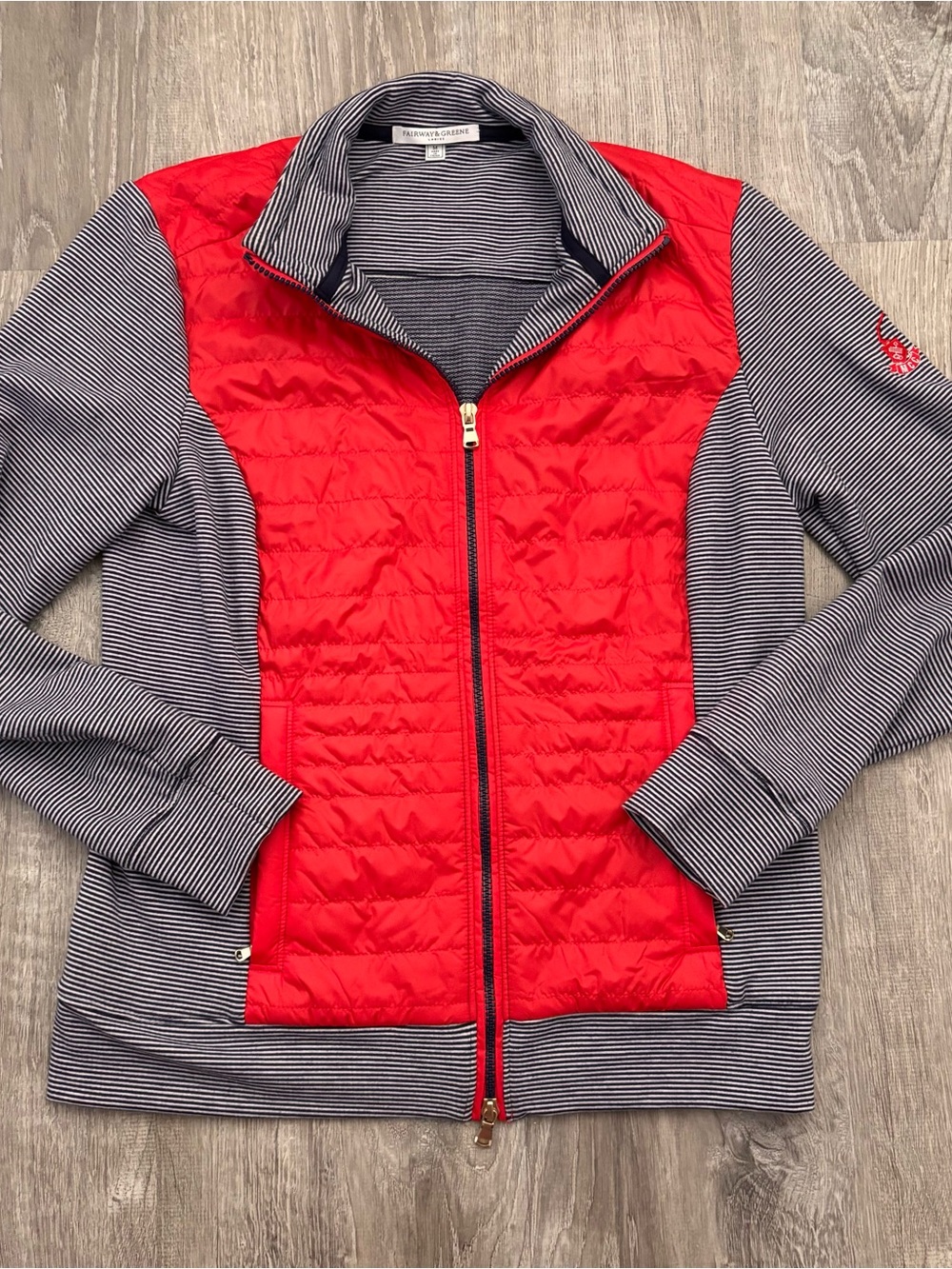 Fairway & Greene Red Quilted Front Striped Sleeve Puffer Jacket Augusta Full Zip